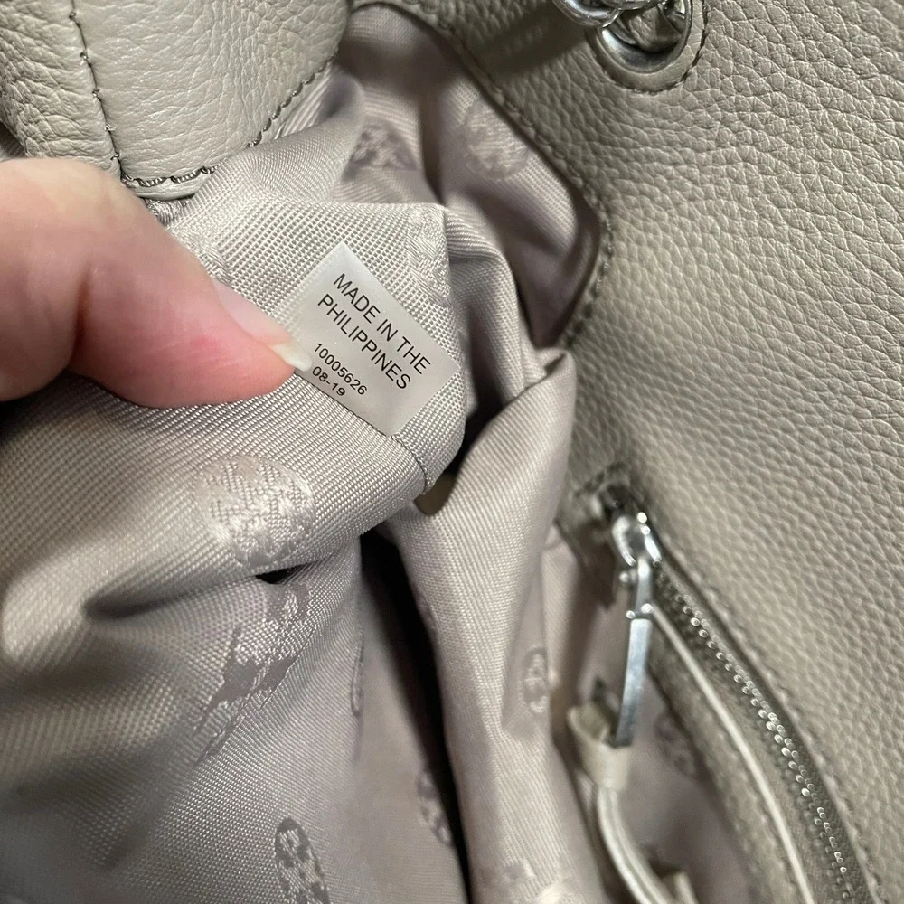 Tory Burch Britten Triple Compartment Tote Bag French Gray Pebbled Leather Chain